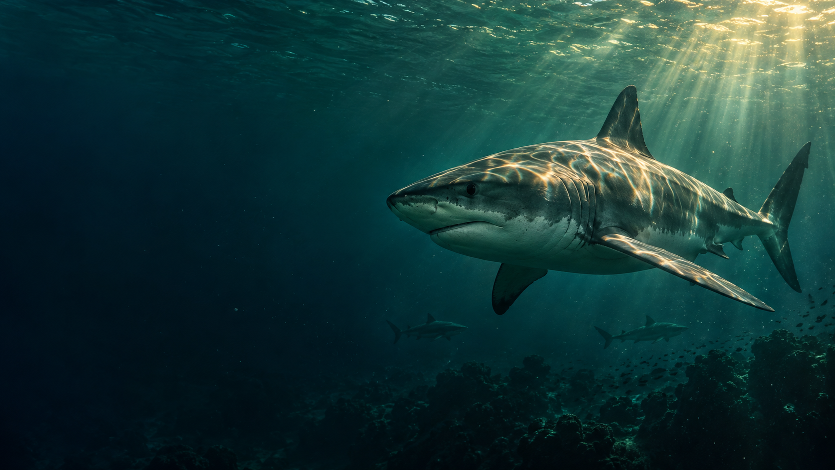 A shark moving through sunlit ocean water